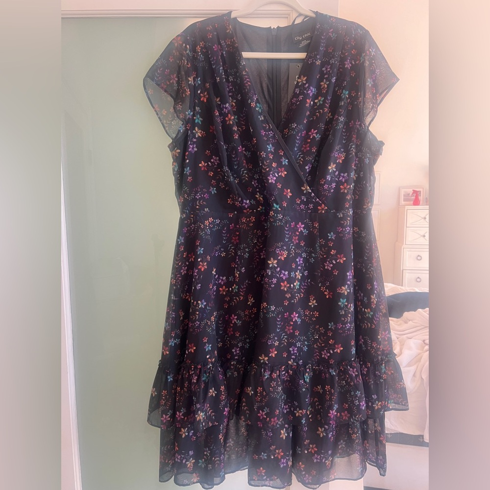 City Chic Black Floral Wrap-Style Mini Dress